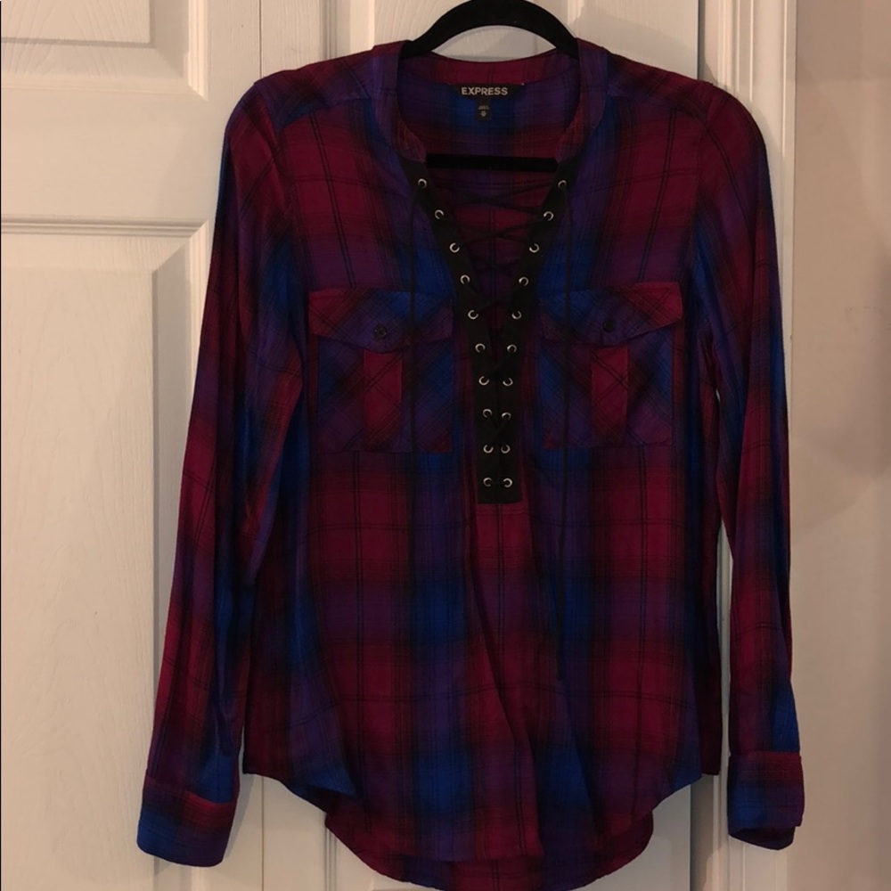 Lace front plaid blouse